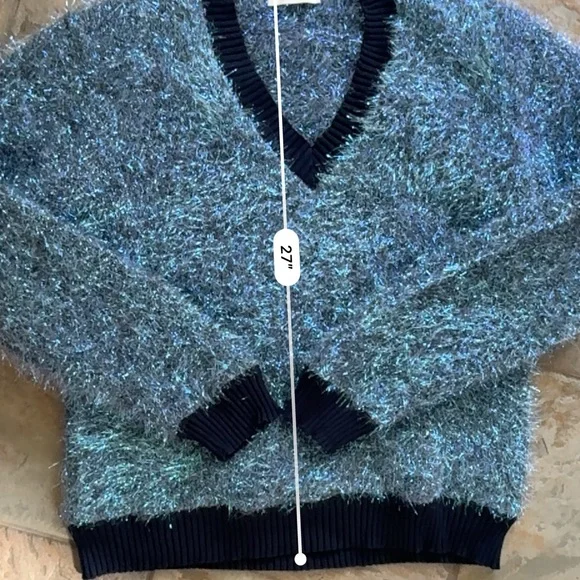 Tory Burch Women's Metallic Fuzzy V-Neck Sweater in Blue and Dark Navy